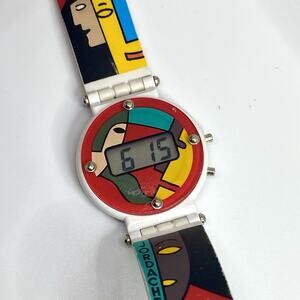 Vtg Works, New Battery-80s Jordache Watch Digital Face Pop Art Design Multicolor